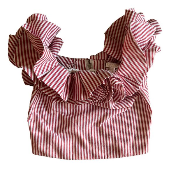 SMALL EUC Wayf Anzio Off Shoulder Red White Stripe Ruffle Crop Top - Picture 2 of 12